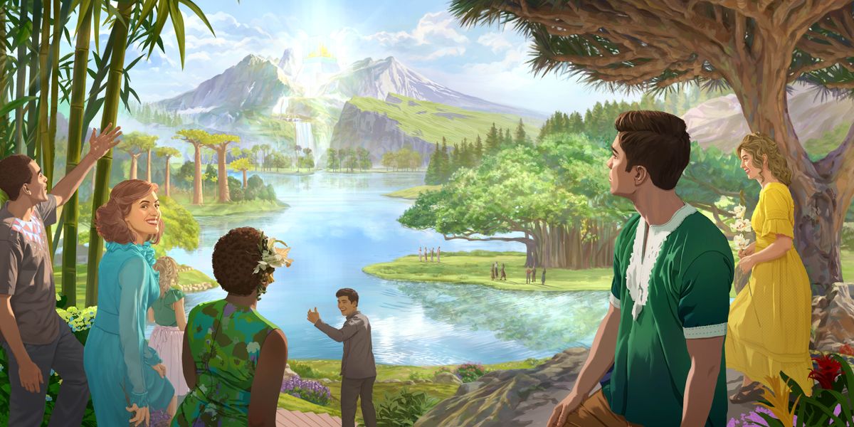 Batho ba thabela ho phela paradeiseng lefatšeng. Pelenyana mane noka ea phalla ho tsoa motseng oa Jerusalema e Ncha ea tšoantšetso. Ho na le lifate tse kholo ka mahlakoreng a noka.