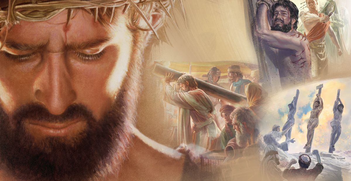 Litšoantšo: 1. Jesu o roetse korone e entsoeng ka meutloa. 2. Ba mo shapa ka sephali ba tlameletse matsoho a hae palong. 3. O jere palo eo a tl’o bolaeloa ho eona batho ba ntse ba mo shebile. 4. O khokhothetsoe palong lipakeng tsa masholu a mabeli ha a ntse a rohakoa.