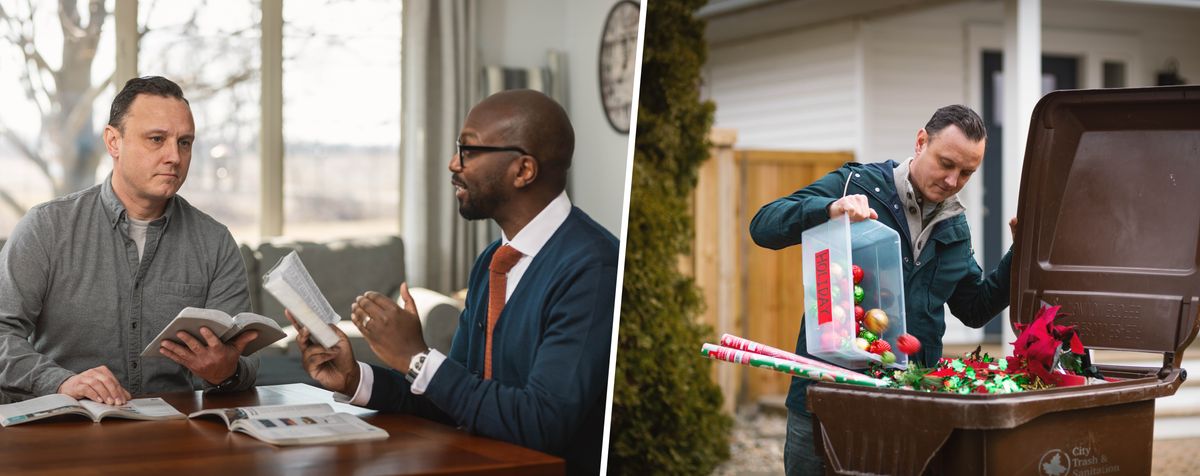 Litšoantšo: 1. Mor’abo rona o hlalosetsa seithuti sa Bibele lengolo le itseng. 2. Seithuti se lahla mekhabiso eo se nang le eona ea Keresemese.