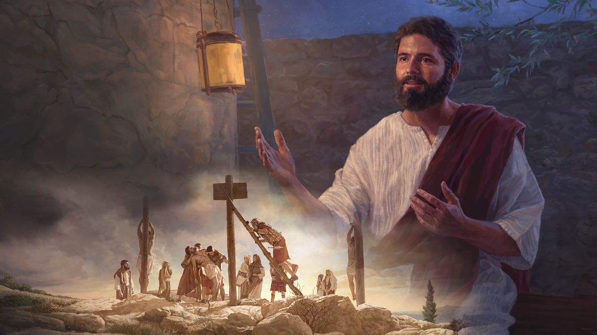 Litšoantšo: 1. Jesu oa bua bosiu. 2. Masole a Baroma a theola setopo sa Jesu palong.