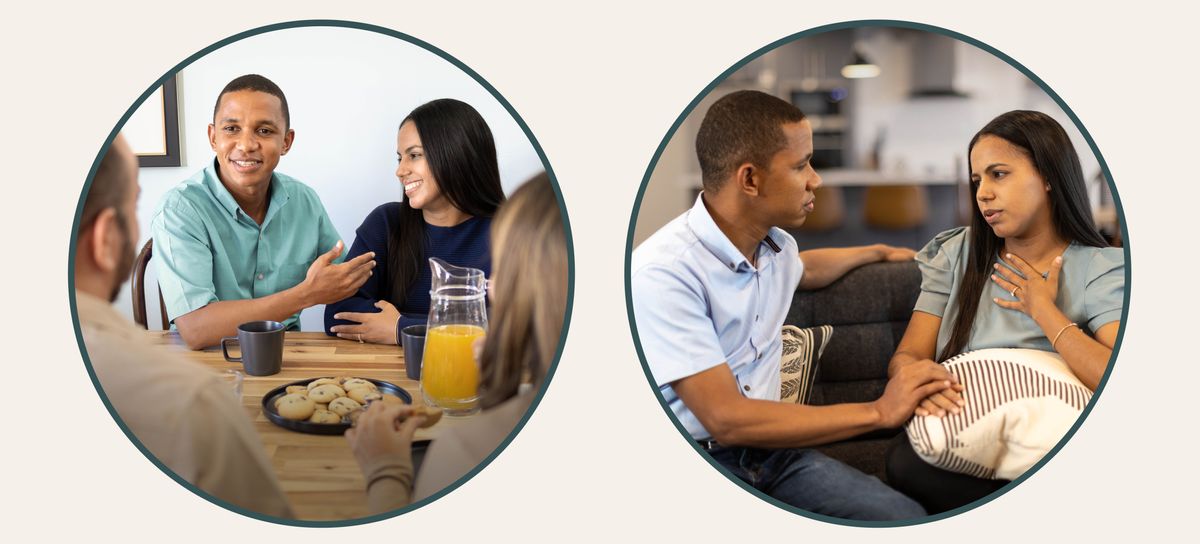 Litšoantšo: 1. Monna ea hlahileng setšoantšong se ka holimo o rorisa mosali oa hae ka pela batho ba bang. 2. O mametse ka hloko ha mosali oa hae a ntša maikutlo.