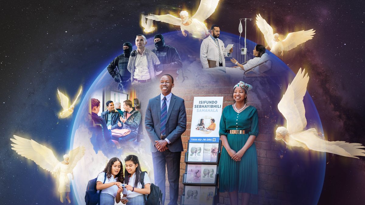 Litšoantšo: Mangeloi a fofa ka holim’a lefatše ha bara le barali ba bo rona ba nka karolo ho halaletseng lebitso la Jehova lefatšeng lohle. 1. Banyalani ba paka ka teroli. 2. Morali oa bo rona e monyenyane o fa ngoana eo a kenang sekolo le eena karete ea boitsebiso ea jw.org. 3. Mor’abo rona o pakela ntate e mong ka koloing ea baeti. 4. Mapolesa a ikoahetseng lifahleho a tsamaea le mor’abo rona a mo tlamme ka lihanaboi. 5. Morali oa bo rona ea betheng sepetlele o bolella ngaka ea hae ka hore na o ikutloa joang ka ho tšela mali.