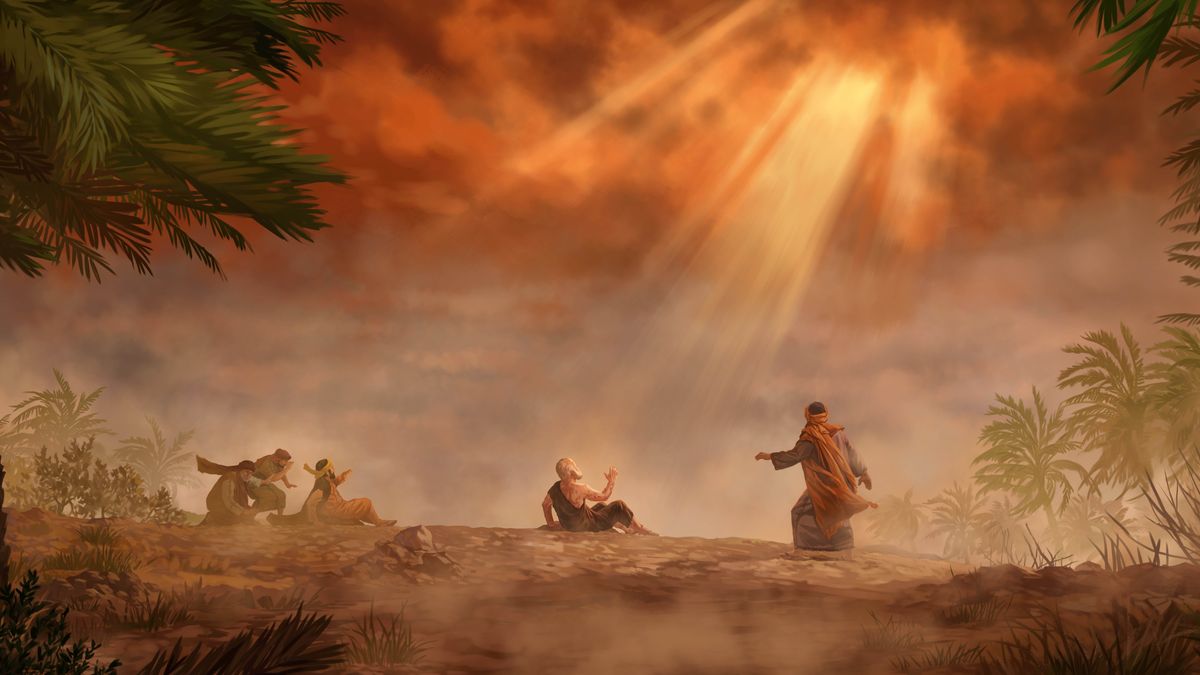 Khanya e tsoang maruong e khantšetsa Jobo ha Jehova a ntse a bua le eena. Elihu le metsoalle e meraro ea Jobo e shebelletse e le haufi.