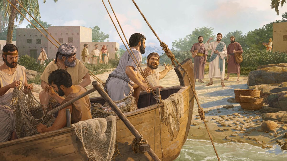 Batšoasi ba litlhapi ba babeli ba siea sekepe sa bona ha Jesu a ba mema hore ba mo latele. Batšoasi ba bang ba litlhapi ba sala ka sekepeng ba ntse ba lokisa matlooa.