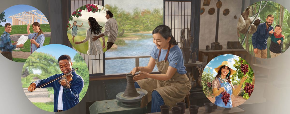 Litšoantšo: Bara le barali ba bo rona ba thabela bophelo Paradeiseng. 1. Banyalani ba haha ntlo. 2. Mor’abo rona o letsa violin. 3. Banyalani ba mathela moralinyana oa bona ea qetang ho tsosoa bafung. 4. Morali oa bo rona o bopa a sebelisa letsopa lebiling ntlong eo a bopelang ho eona. 5. Morali oa bo rona o kotula morara. 6. Ntate le mora ba shebile phoofolo e sefateng e bitsoang sloth.