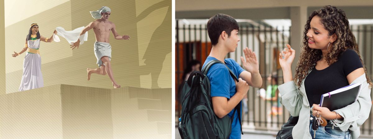 Litšoantšo: 1. Josefa o baleha mosali oa Potifaro ’me mosali eo o tšoere seaparo sa hae. 2. Mor’abo rona e mocha o hana ngoanana ea bonyang le eena sekolong.