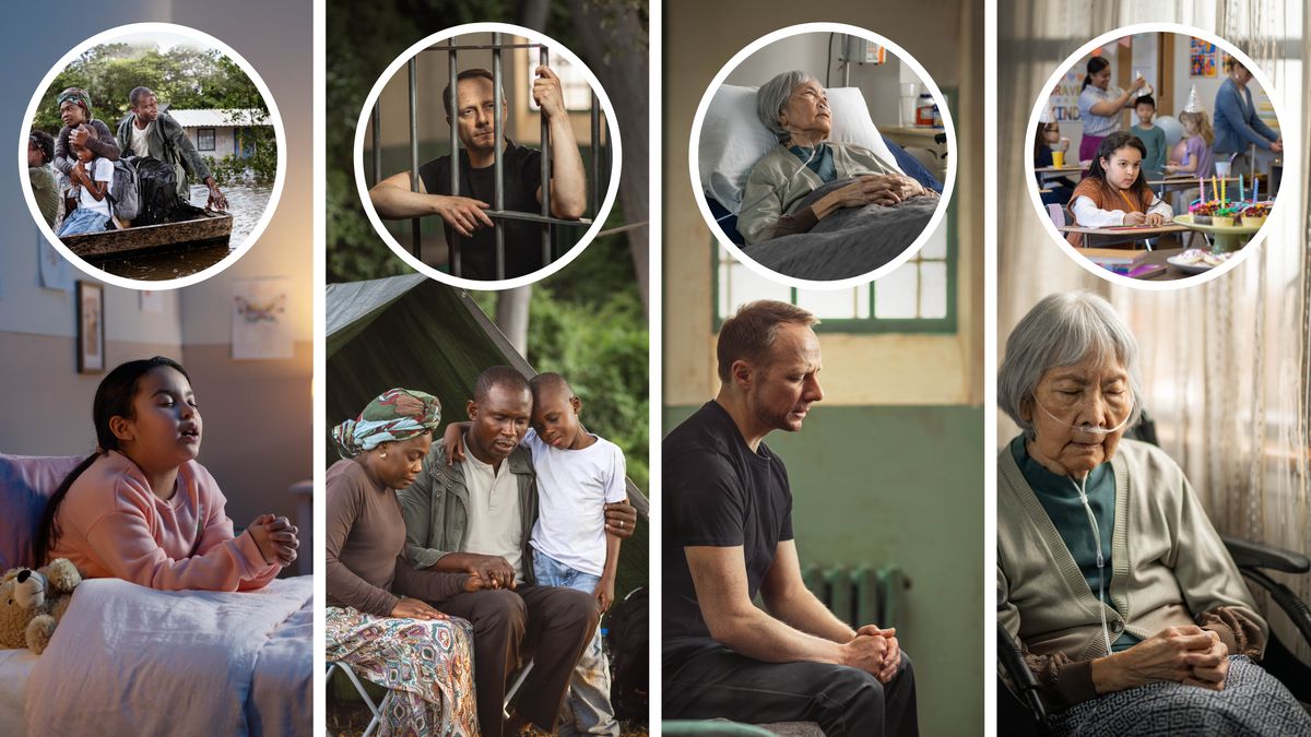 Litšoantšo: Bara le barali ba bo rona ba nang le mathata ba hopola ho rapella batho ba bang. 1. Moralinyana o lutse betheng oa rapela; ho hlahile le setšoantšo sa lelapa le ka har’a sekepe le tlohang hae hobane ntlo ea lona e tletse metsi ka lebaka la likhohola. 2. Lelapa le hlahileng setšoantšong se tlang pele ho sena le rapela hammoho; ho hlahile le setšoantšo sa mor’abo rona ea teronkong. 3. Mor’abo rona ea teronkong ea hlahileng setšoantšong se fetileng oa rapela; ho hlahile le setšoantšo sa morali oa bo rona ea holileng ea robetseng betheng sepetlele. 4. Morali oa bo rona ea holileng ea hlahileng setšoantšong se tlang pele ho sena oa rapela; ho hlahile le setšoantšo sa moralinyana ea hlahileng setšoantšong sa pele, o lutse a le mong ka tlelaseng ha bana ba bang ba ntse ba keteka letsatsi la tsoalo.