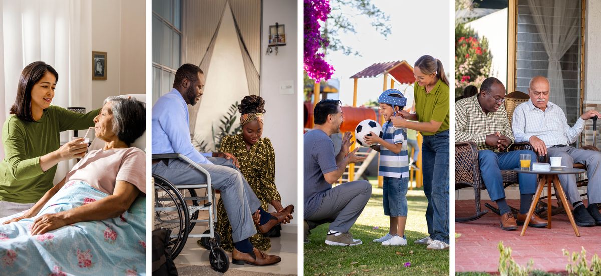 Litšoantšo: Batho ba hlokometseng baratuoa ba bona maemong a fapaneng. 1. Morali oa bo rona o jesa ’mè oa hae ea seng a holile ea sa khoneng ho tloha betheng. 2. Morali oa bo rona o thusa monna oa hae ea tsamaeang ka wheelchair hore a roale lieta. 3. ’Mè o roesa moshanyana oa hae helmete ea batho ba kulang pele a bapala bolo le ntate oa hae. 4. Mor’abo rona o etetse mor’abo rona ea holileng ha hae ’me o rapela le eena.