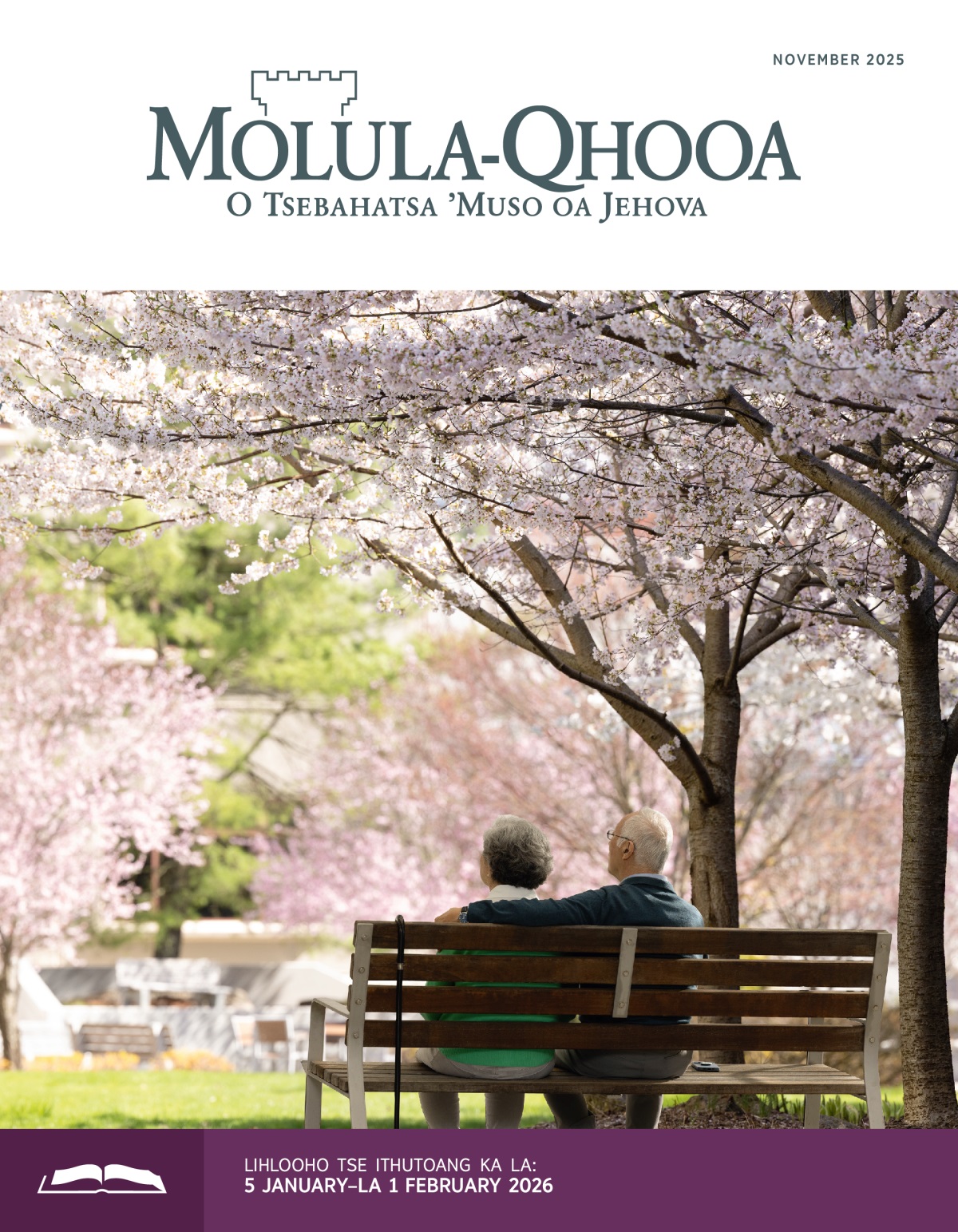 Banyalani ba holileng ba lutse ka ntle bencheng ’me ba pota-potiloe ke lifate tsa cherry tse thuntseng.