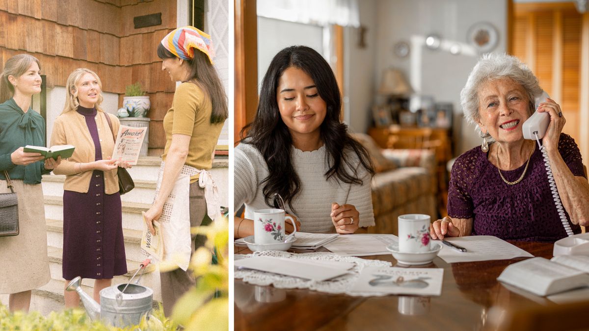 Litšoantšo: Haesale morali oa bo rona a sebeletsa Jehova ka botšepehi ka lilemo tse ngata. 1. Morali oa bo rona o bua le ’mè tšimong ka ntlo le ntlo lilemo tse mashome tse fetileng ha a sa le mocha. 2. Hona joale morali oa bo rona o se a holile ’me o ntse a paka ka fono le morali oa bo rona e mocha.