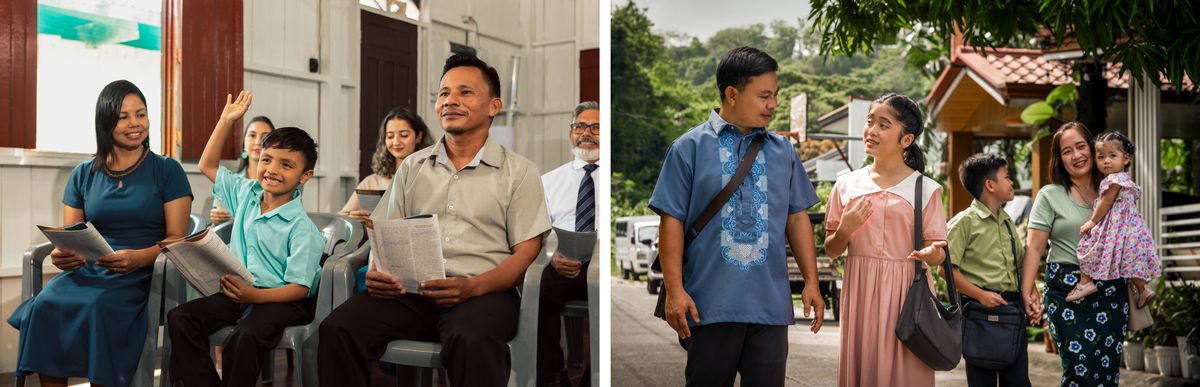 Litšoantšo: 1. Batsoali ba lutse le mora oa bona ka libokeng. Mora o phahamisa letsoho e le hore a arabe. 2. Lelapa le sebetsa hammoho tšimong. Ntate o sebetsa le morali oa hae tšimong ha ’mè a ntse a sebetsa le bana ba bang ba babeli ba bona.