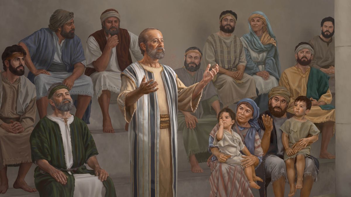 Batho ba mametse ka hloko ha Pauluse a ntse a bua ka kholiseho a eme ka ntlong ea thapelo. Barnabase o lutse pel’a hae a thabile ha a shebile Pauluse a ntse a ruta.