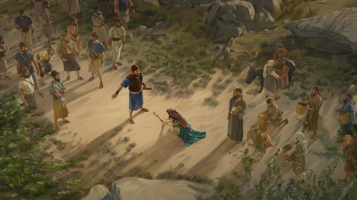 Davida o mametse ka hloko ha Abigaile a khumame a ntse a mo kopa ka tieo. Banna ba Davida ba shebelletse ba le haufi. Basebeletsi ba Abigaile ba eme ka mor’a hae ba tšoere limpho tse ngata.