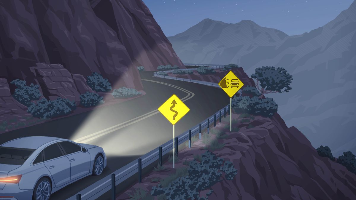 Koloi e tsamaea thabeng bosiu tseleng e matsoeli-ntsoeke. Mabone a eona a ka pele a khantšitse matšoao a tsela a lemosang mokhanni.