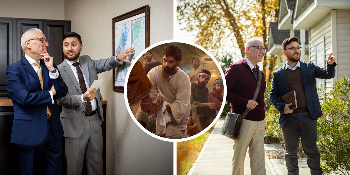 Litšoantšo: Mor’abo rona ea holileng o etsisa boikokobetso ba Jesu. 1. Jesu o hlatsoa maoto a moapostola. 2. Mor’abo rona e mocha o fana ka litlhahiso a supile ’mapa oa tšimo ea phutheho ha mor’a bo rona ea holileng a mo mametse ka ho mo halala. 3. Bara ba bo rona ba tšoanang ba thabela ho sebetsa hammoho mosebetsing oa boboleli.