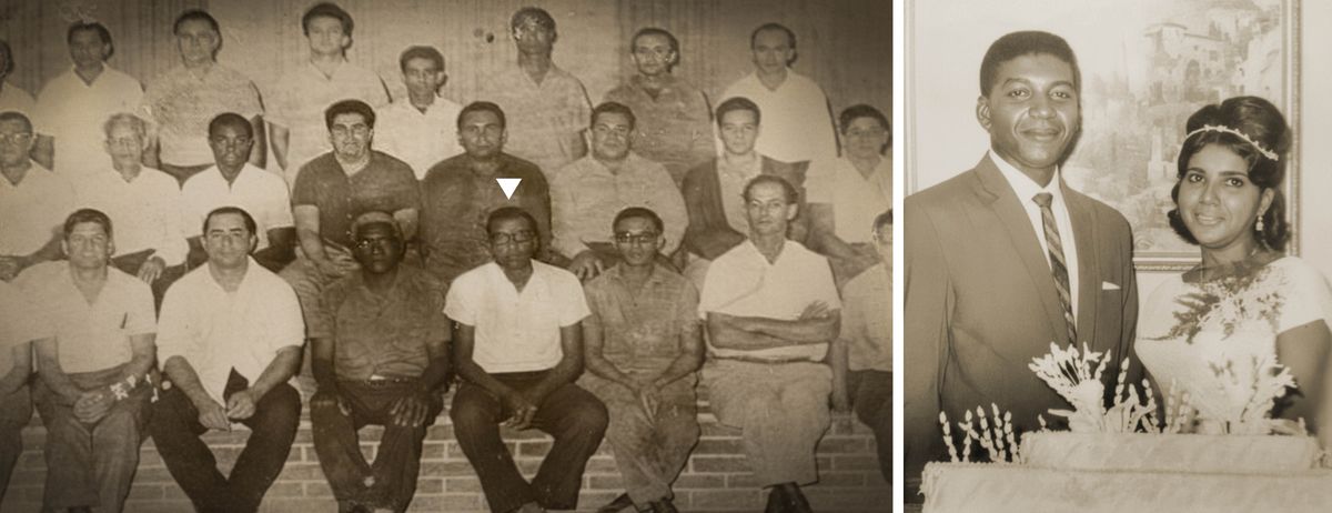 Litšoantšo: 1. Gustavo le baithuti ’moho le eena ba lutse fatše ba nka foto. 2. Gustavo le Emilia ba eme pela kuku ea bona ea lenyalo ba bososetse.