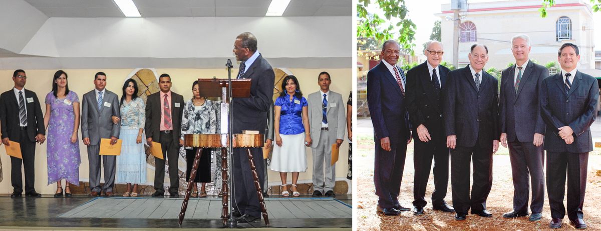 Litšoantšo: 1. Gustavo o eme sethaleng, o bua le baithuti ba emeng ka mor’a hae ba abeloang mangolo Sekolong sa Bibele sa Banyalani ba Bakreste. 2. Gustavo o eme le litho tse ling tse ’ne tsa Komiti ea Lekala.