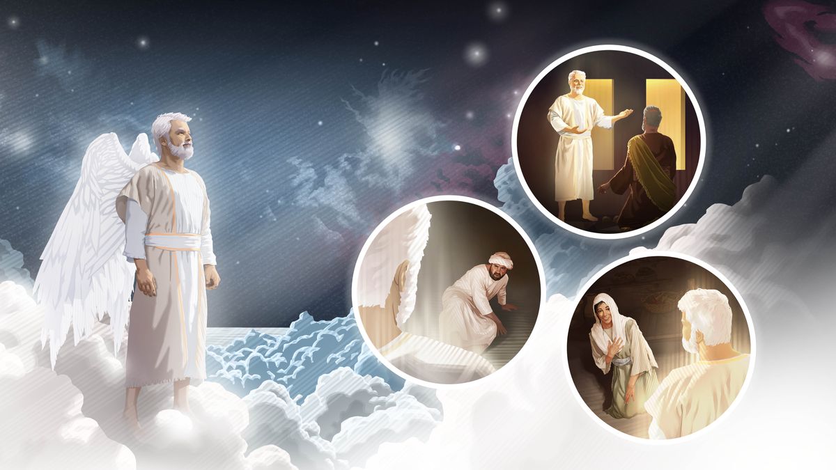 Litšoantšo: 1. Gabariele o leholimong ’me o shebile holimo. 2. O bolella Daniele molaetsa o tsoang ho Jehova. 3. O bolella Zakaria molaetsa o tsoang ho Jehova. 4. O bolella Maria molaetsa o tsoang ho Jehova.