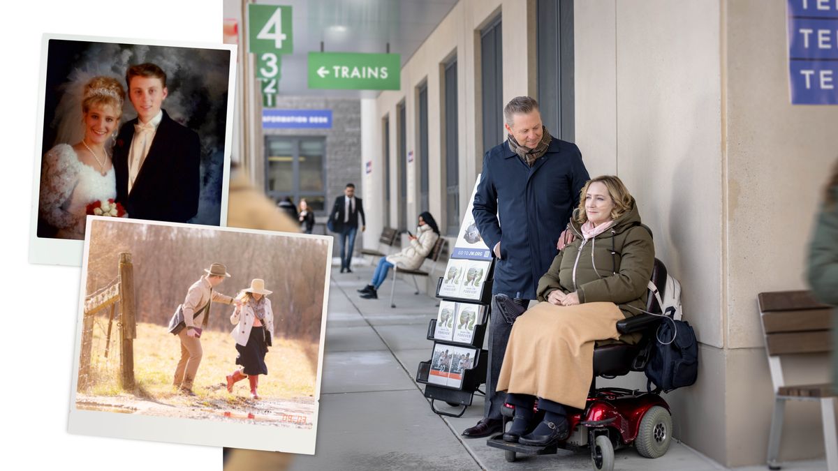 Litšoantšo: Monna ea tšepahaletseng mosali oa hae ka lilemo tse ngata. 1. Eena le mosali oa hae mohla ba nyalanang. 2. Nakoana hamorao, ba sebetsa hammoho tšimong e mahaeng. 3. Ba paka ka toroli ’moho. Monna eo o eme pel’a mosali oa hae ea kulang ’me o behile letsoho lehetleng la oa hae. Mosali eo o lutse holim’a setulo sa batho ba holofetseng sa motlakase ’me o sebelisa liphaephe ho mo thusa ho hema.