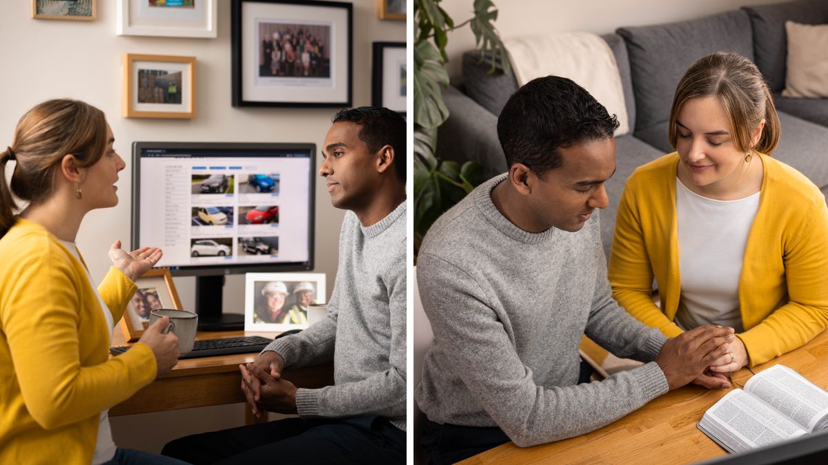 Litšoantšo: Banyalani ba bacha ba buisana ka hore na ba hloka ho reka koloi. 1. Ba etsa lipatlisiso k’homphieutheng ’me ba buisana ka tsona. 2. Hamorao ba rapela hammoho, ebile Bibele e butsoeng e tafoleng ka pel’a bona.