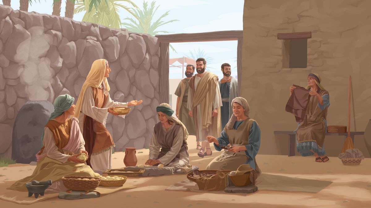 Maria Magdalena o lumelisa Jesu le baapostola ba hae ba babeli ha ba kena ka tlung ea hae. Basali ba bang ba luba bohobe, ha ba bang ba roka liaparo ba thabile.