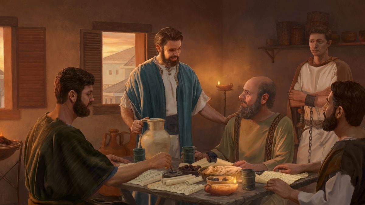 Mareka o qoqa hamonate le Pauluse, ha Pauluse a lutse tafoleng a tlameletsoe ho molebeli oa hae ka ketane. Mareka o behile letsoho lehetleng la Pauluse ha a mo tlisetsa ntho e nooang. Bakreste ba bang ba babeli ba ntse ba ngola le ho hlahlobisisa meqolo.