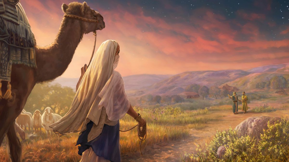 Rebeka o e’o kopana le Isaka. O roetse lesira le roaloang hloohong, o tsamaea ka pel’a kamele ha a bona Eliezere le Isaka holenyana.