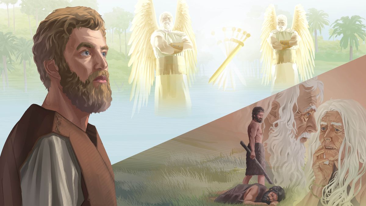 Litšoantšo: Enoke o nahana ka liketso tsa baholo-holo ba hae le ka liphello tsa tsona. 1. Serapa sa Edene se lebetsoe ke likerubime tse peli le sabole e tukang. 2. Adama le Eva ha ba se ba tsofetse. 3. Kaine o eme o shebile setopo sa ngoan’abo Abele eo a mo bolaileng.