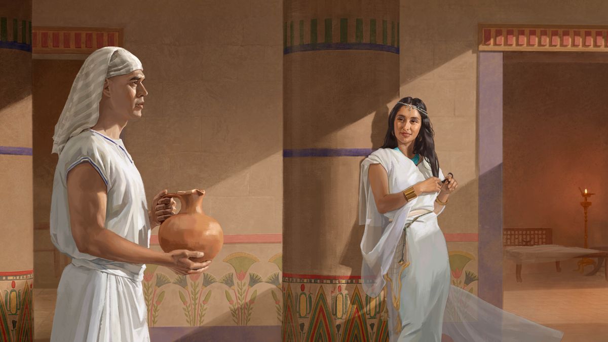 Josefa o kena ka tlung ea Potifaro a shebile pele feela. Mosali oa Potifaro o eme pel’a monyako oa kamore o shebile Josefa ka tsela e hohelang a sesefalitse mahlo.