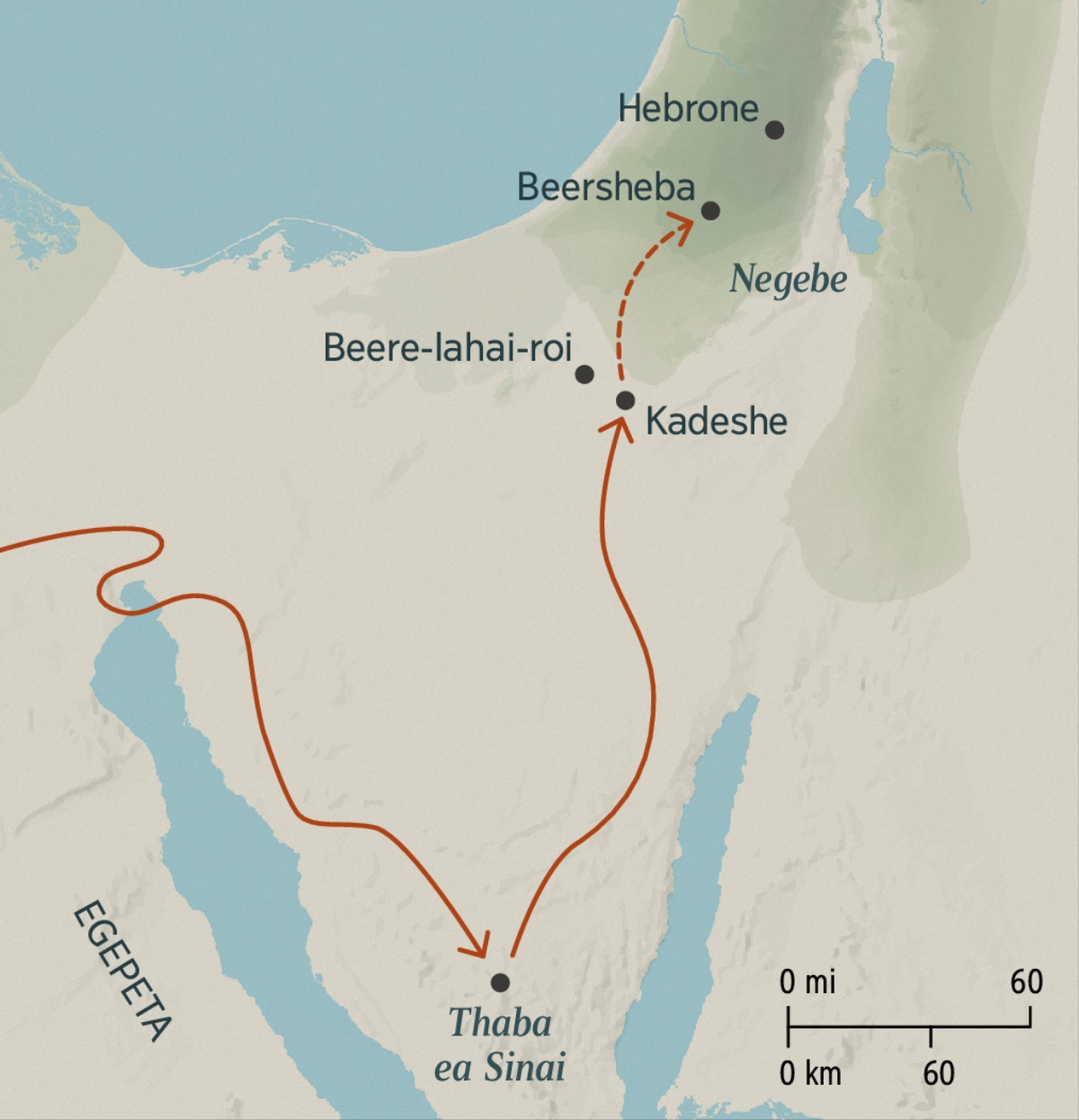 ’Mapa o bontšang tsela e telele eo Baiseraele ba tsamaileng ho eona ho tloha Egepeta ho ea Kadeshe e fetang Thabeng ea Sinai. E boetse e bontša tsela e khutšoanyane eo ba ileng ba e tsamaea ho tloha Kadeshe ho ea Beersheba le Hebrone tse Naheng e Tšepisitsoeng.