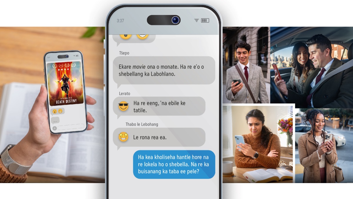 Litšoantšo: 1. Morali oa bo rona o shebile fono ea hae ’me ho hlahile papatso ea movie o bitsoang “Death Destiny” o tla tsoa haufinyane. Ka pel’a hae ho na le Bibele. 2. Fonong ea hae ho hlahile melaetsa e latelang: “Ekare movie ona o monate. Ha re e’o o shebellang ka Labohlano.” “Ha re eeng, ’na ebile ke tatile.” “Le rona rea ea.” Morali eo oa bo rona eena o re: “Ha kea kholiseha hantle hore na re lokela ho o shebella. Na re ka buisanang ka taba ee pele?” 3. Mor’abo rona, morali oa bo rona le banyalani ba bacha ba thabetse memo ena e hlahileng lifonong tsa bona. Morali oa bo rona ea hlahang setšoantšong sa pele eena o tšoentsoe ke memo ena.