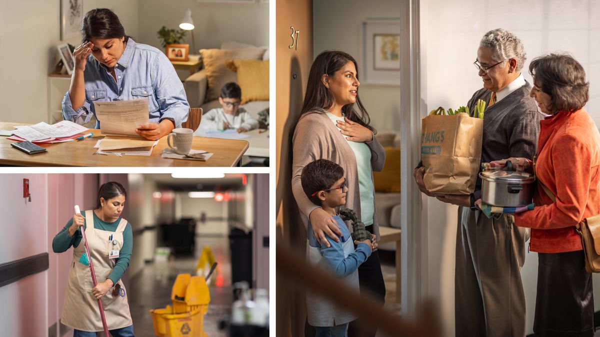 Litšoantšo: ’Mè ea holisang ngoana a le mong o na le mathata a lichelete. Litšoantšo tse tharo tse latelang li hlahisa maemo a fapaneng setšoantšong ka seng.