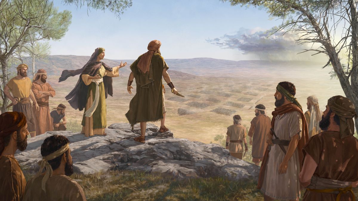 Debora, Barake le banna ba hae ba eme holim’a Thaba ea Tabore ba shebile Sisera le lebotho la hae ha le ntse le ba atamela ka likariki tsa ntoa.