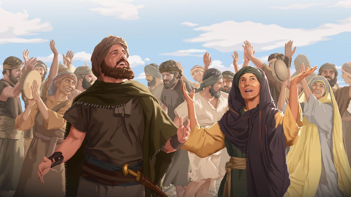 Debora le Barake ba bina pina ea tlholo ha Baiseraele ba tantša ba bile ba letsa meropa e menyenyane.