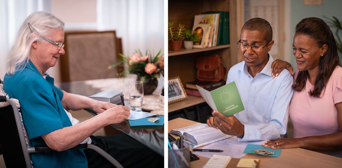 Litšoantšo: 1. Morali oa bo rona ea holileng ea sebelisang wheelchair o ngola karete ebile o kenya chelete ka har’a enfelopo. 2. Banyalani ba thabile ha ba ntse ba bala karete eo.