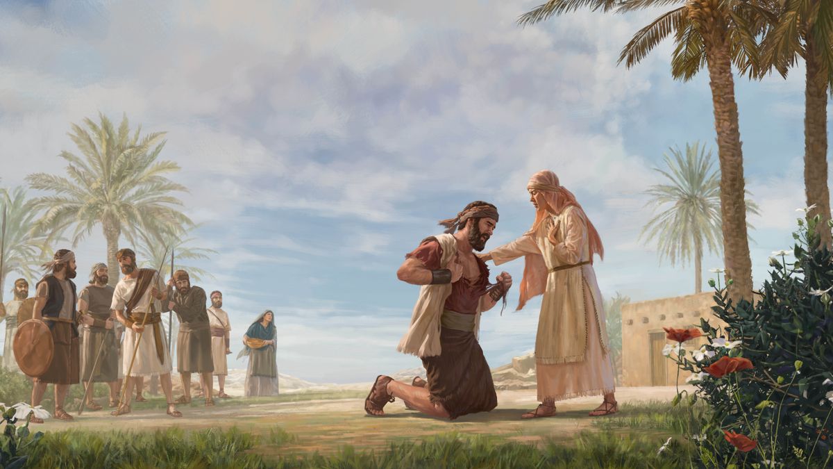 Jafeta o tabola liaparo tsa hae a khumame ka mangole ha morali oa hae a mo atamela, a fihla a beha letsoho la hae lehetleng ho mo khothatsa.