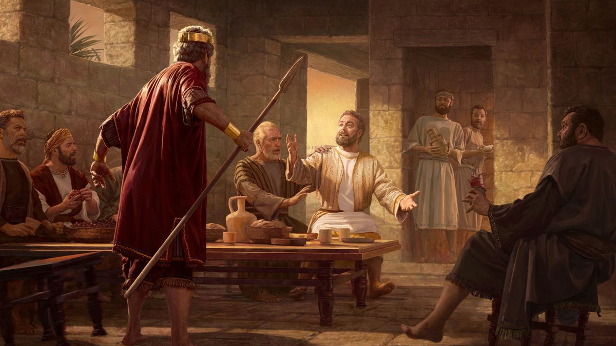 Morena Saule o halefetse Jonathane ea lutseng tafoleng ea ho jela hobane a ntse a buella Davida. Abnere le ba bang ba ba shebelletse ba tšohile.