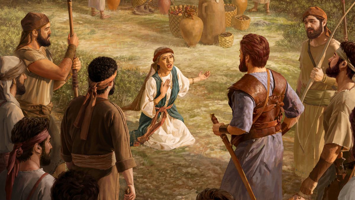 Abigaile o khumame ka pel’a Davida le banna ba hae, o kopa hore a ba hauhele. Lijo le linkho tsa veine li ka mor’a hae.