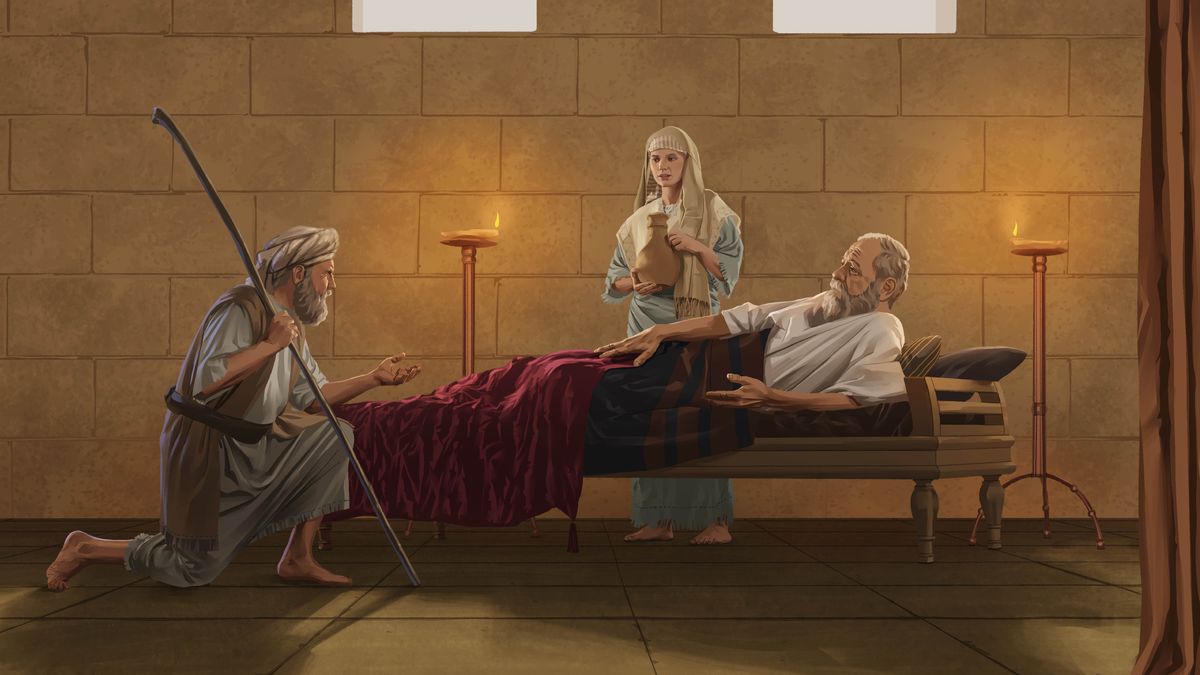 Nathane o khumame ka pel’a Davida ea robetseng betheng hobane a kula. Abishage o tšoere jeke ea metsi ’me o eme pel’a bethe ea Davida.