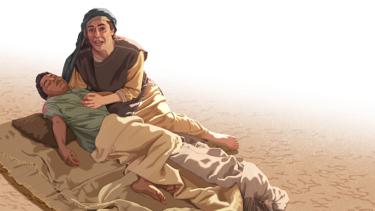 Mohlolohali oa Sarepta, o tšoere setopo sa mora oa hae matsohong ’me o kopa thuso.