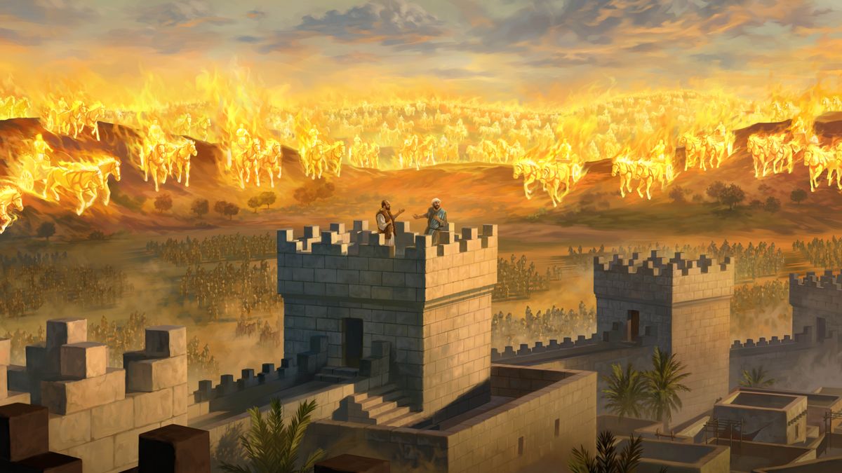 Elisha le mosebeletsi oa hae ba eme holim’a tora. Ha mosebeletsi a sheba tlase, o bona lebotho le leholo la lipere le likariki tsa ntoa tsa mollo le tla le shebile lebotho la Basiria.