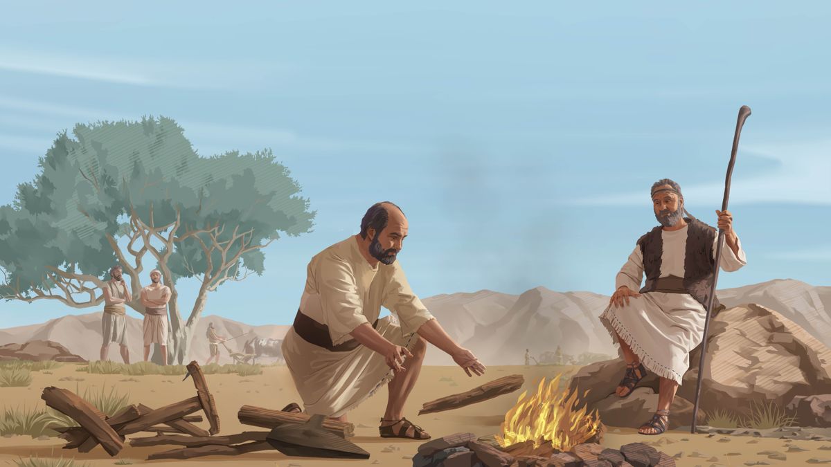 Elisha o besa mollo ka likotoana tsa patsi. Elia o lutse holim’a lejoe a mo shebile.