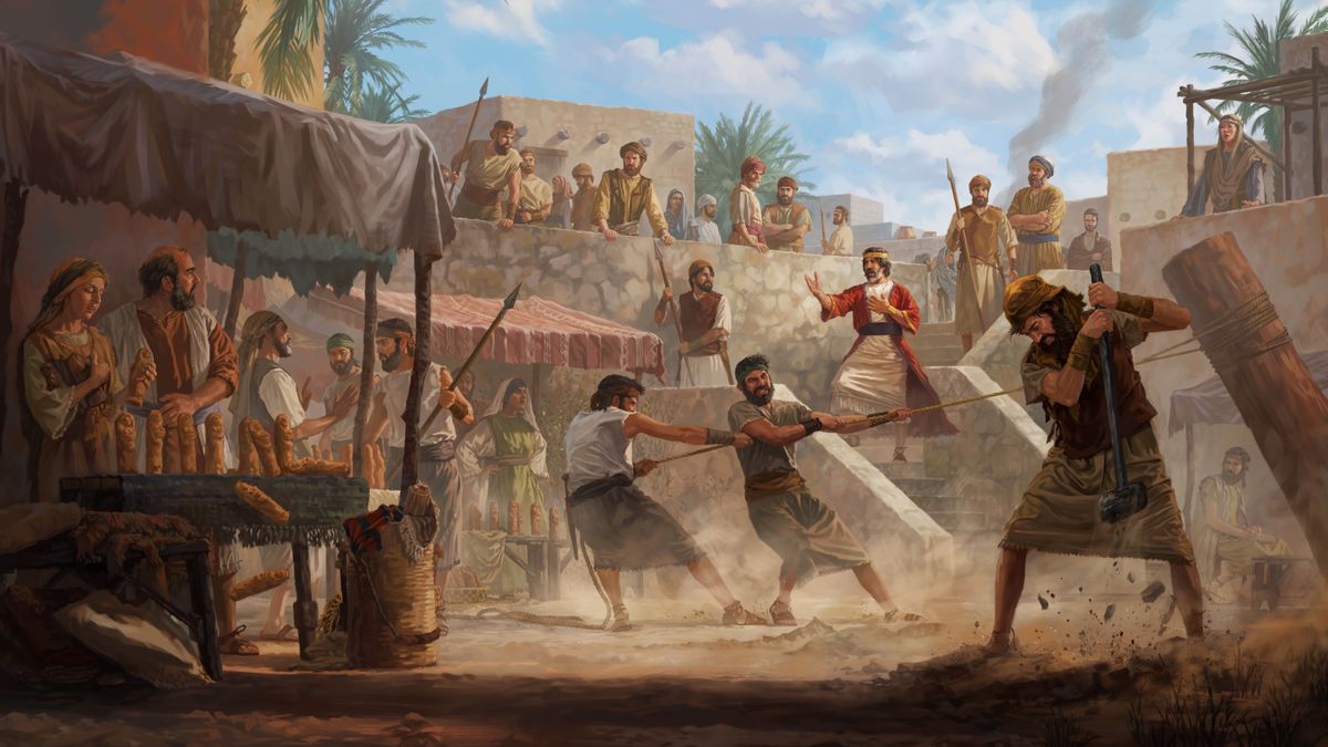 Manase o bua le batho ba Jerusalema ’marakeng o phetheselang moo ho nang le maphephe a tletseng litšoantšo tse rapeloang. Masole a liha palo e halalelang ’me a senya litšoantšo tse rapeloang.