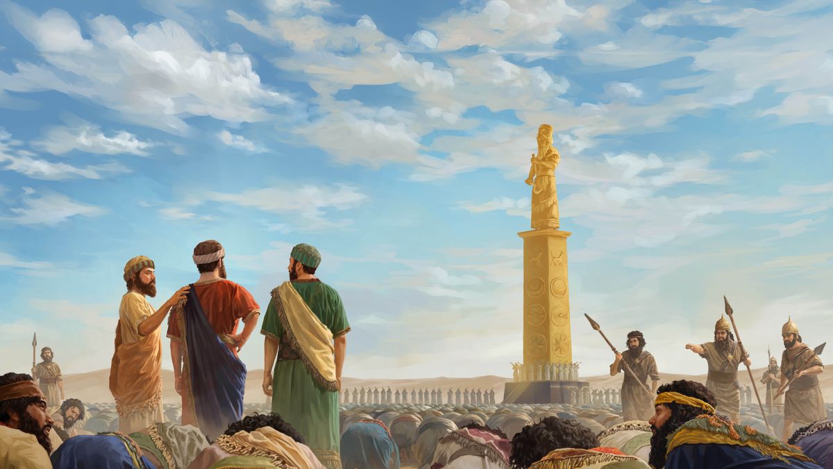 Ka sebete Hanania, Mishaele le Azaria ba eme ka har’a letšoele le leholo le khumametseng setšoantšo se seholo sa khauta sa Nebukadnezare. Banna ba bararo ba hlometseng ba ea ho bona.