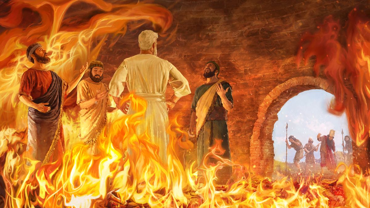 Baheberu ba bararo ba eme ka har’a mollo ba maketse haholo. Lengeloi la Jehova le eme le bona. Ka ntle ho sebopi sa mollo, Nebukadnezare le balebeli ba hae ba shebile se etsahalang ba tšohile.