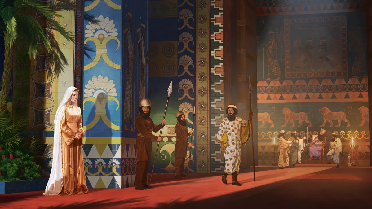 Mofumahali Esthere o rapela a buela fatše a le lebaleng le ka hare la ntlo ea borena. Morena Asueruse o lutse teroneng ea hae ha Esthere a tla a lebile ho eena. Balebeli ba morena ba mo shebile ha a rapela.