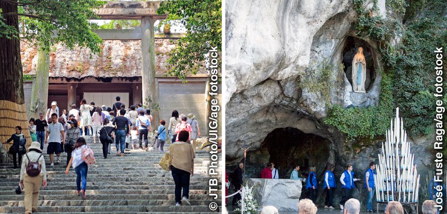 Batho ba tlileng Tempeleng e Khōlō ea Ise, e Japane le Grotto ea Massabielle, Lourdes, Fora