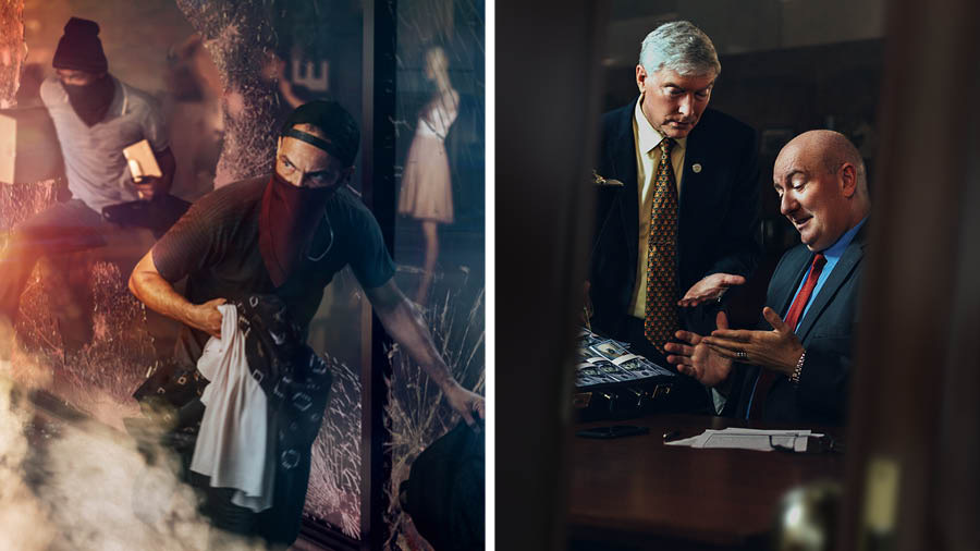 Litšoantšo: 1. Lesholu le ikoahetseng sefahleho le tsoa ka shopong le nkile lintho tseo le li utsoitseng. 2. Ntate o fa ntate e mong mokotla o tšetseng chelete.