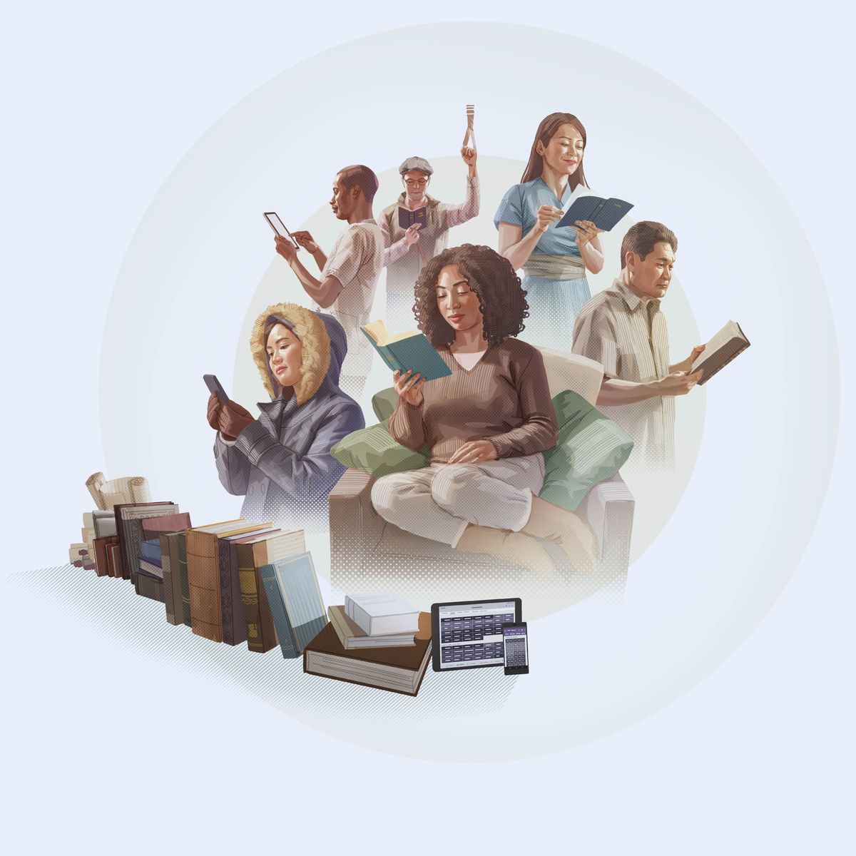 Batho ba merabe e fapaneng ba bala Bibele. Ho na le li Bibele ka pel’a bona tse hatisitsoeng le tsa elektronike.