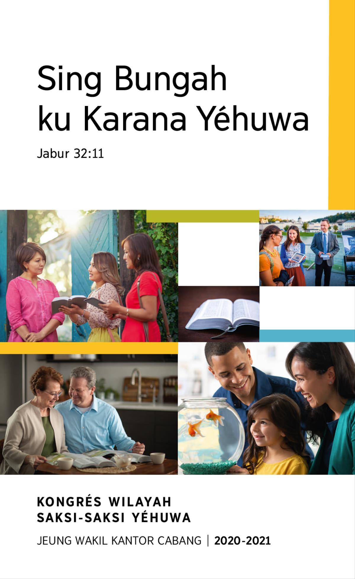 1. Hiji kulawarga bagja ningali lauk emas dina akuarium leutik. 2. Dua Saksi Yéhuwa ngabahas Alkitab jeung saurang ibu-ibu di imahna. 3. Sapasang salaki pamajikan ngarisét tina publikasi dumasar Alkitab. 4. Alkitab nu muka. 5. Sapasang salaki pamajikan nunjukkeun vidéo dumasar Alkitab ka saurang awéwé di tempat umum.